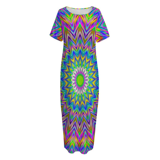 Colorful Psychedelic Optical Illusion Short Sleeve Long Nightdress