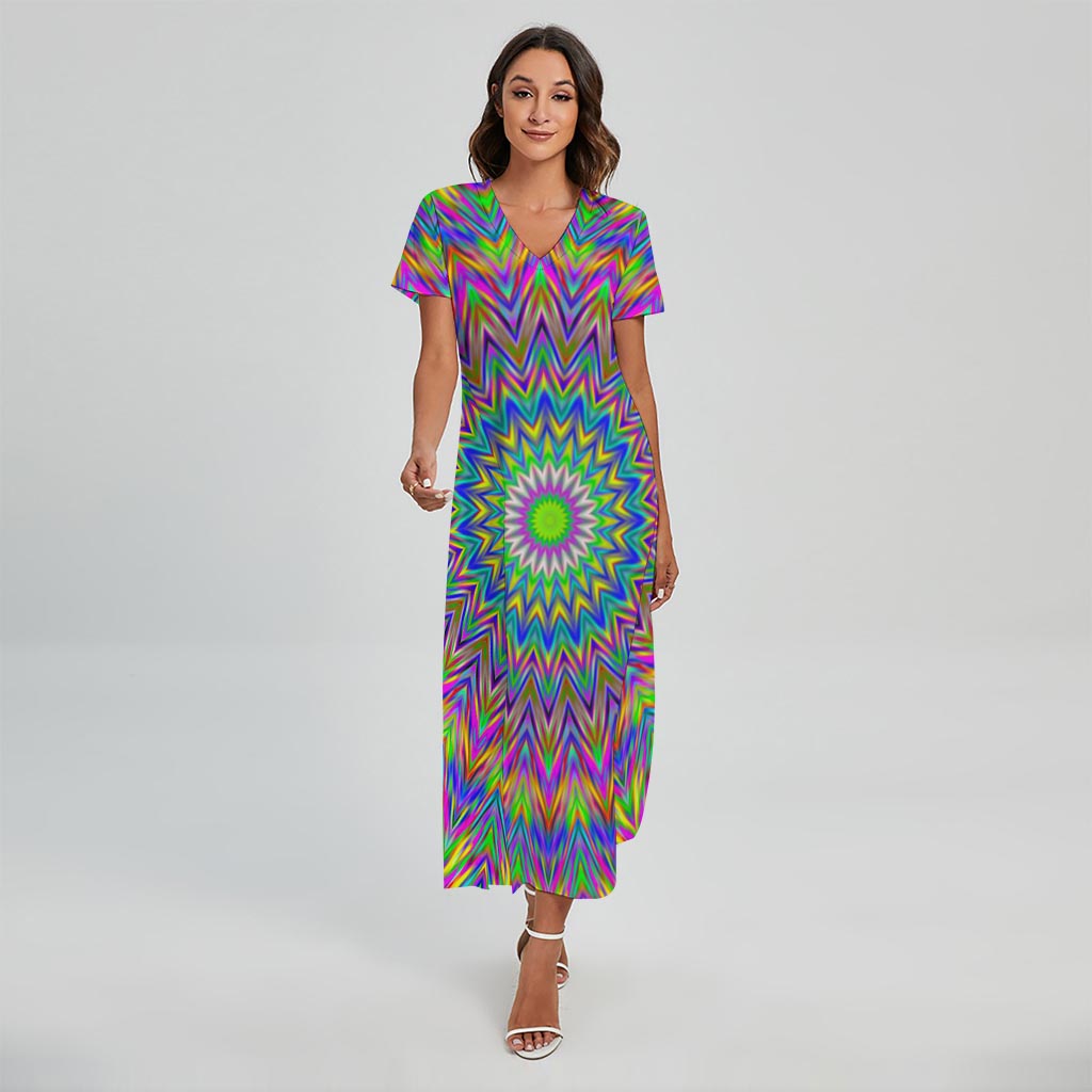 Colorful Psychedelic Optical Illusion Short Sleeve Maxi Dress