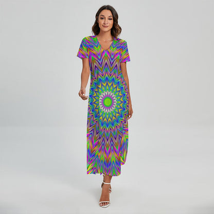 Colorful Psychedelic Optical Illusion Short Sleeve Maxi Dress