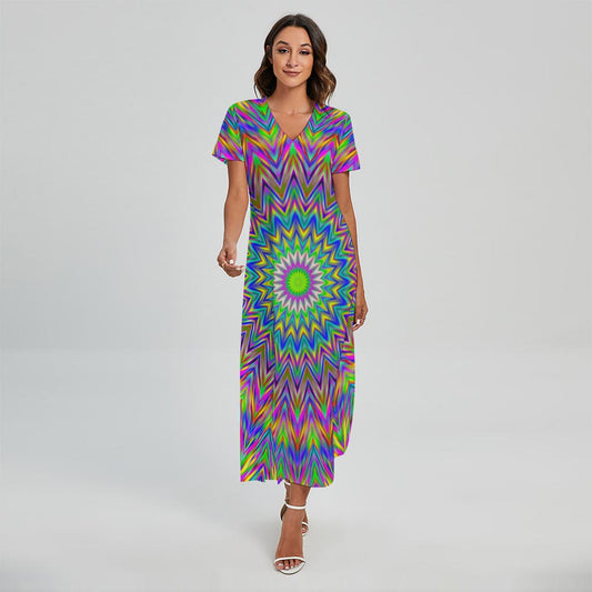 Colorful Psychedelic Optical Illusion Short Sleeve Maxi Dress