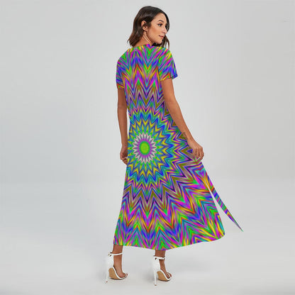 Colorful Psychedelic Optical Illusion Short Sleeve Maxi Dress