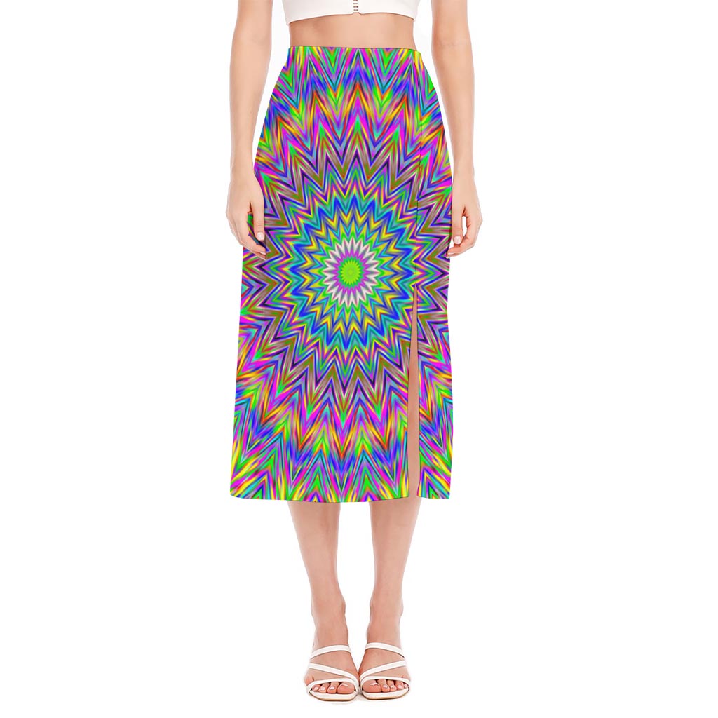 Colorful Psychedelic Optical Illusion Side Slit Midi Skirt