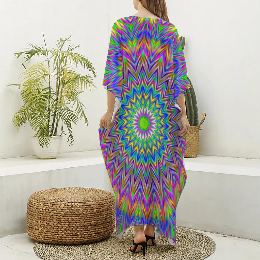Colorful Psychedelic Optical Illusion Silk V-Neck Kaftan Dress