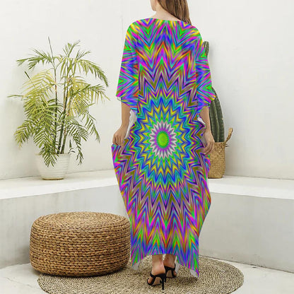 Colorful Psychedelic Optical Illusion Silk V-Neck Kaftan Dress