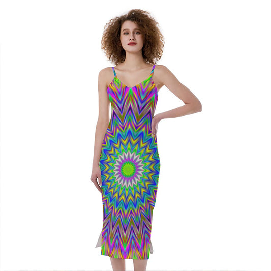 Colorful Psychedelic Optical Illusion Slim Fit Midi Cami Dress