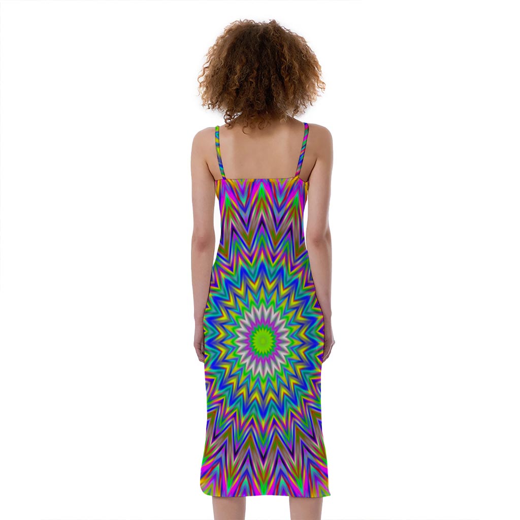 Colorful Psychedelic Optical Illusion Slim Fit Midi Cami Dress