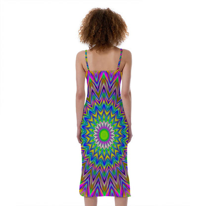 Colorful Psychedelic Optical Illusion Slim Fit Midi Cami Dress