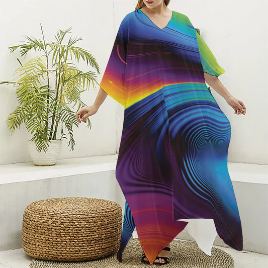 Colorful Psychedelic Print Silk V-Neck Kaftan Dress