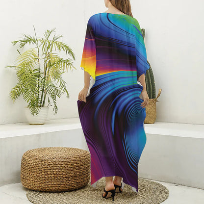 Colorful Psychedelic Print Silk V-Neck Kaftan Dress