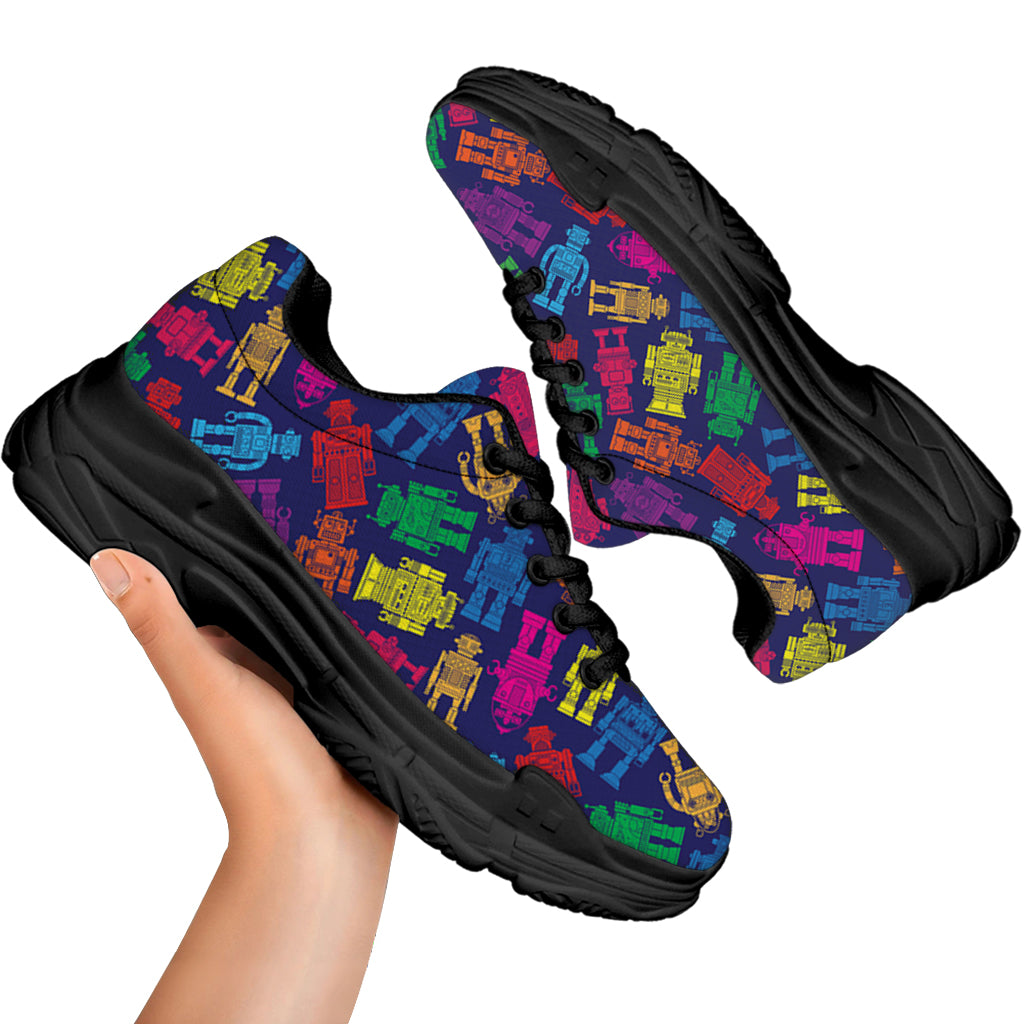Colorful Robot Pattern Print Black Chunky Shoes