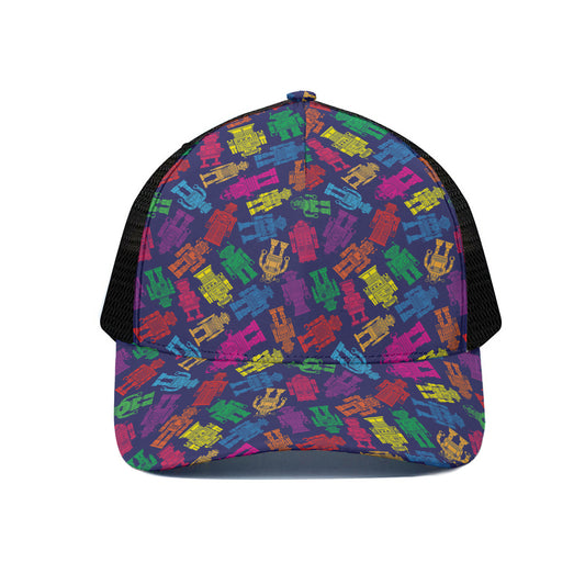 Colorful Robot Pattern Print Black Mesh Trucker Cap