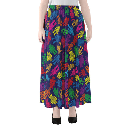 Colorful Robot Pattern Print Chiffon Maxi Skirt