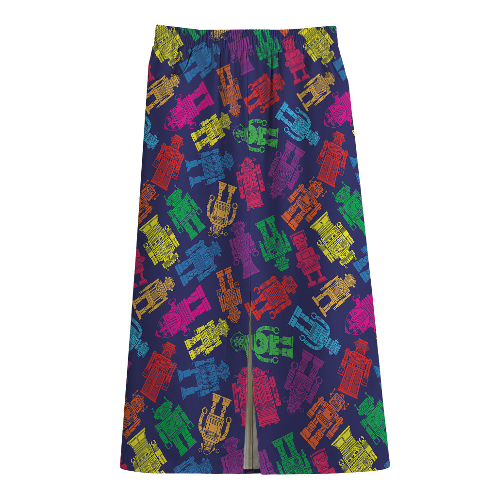Colorful Robot Pattern Print Cotton Front Slit Maxi Skirt
