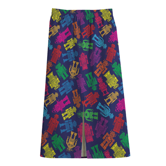 Colorful Robot Pattern Print Cotton Front Slit Maxi Skirt