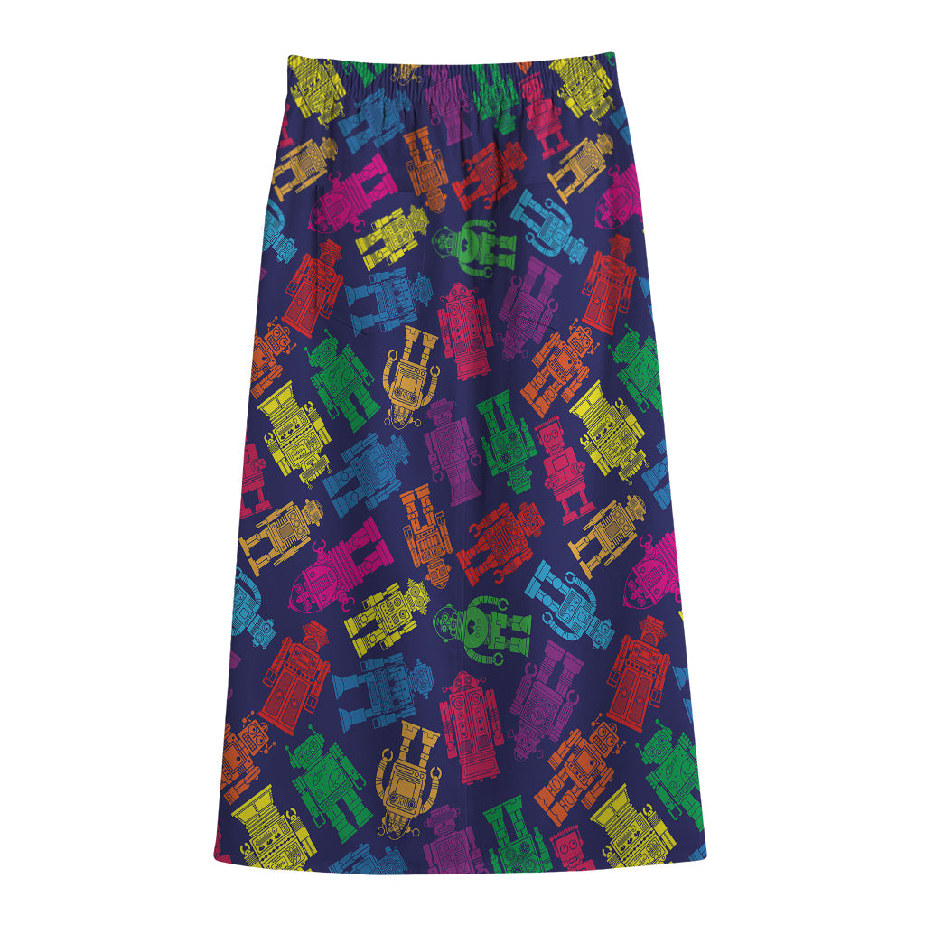 Colorful Robot Pattern Print Cotton Front Slit Maxi Skirt