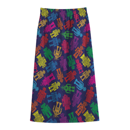 Colorful Robot Pattern Print Cotton Front Slit Maxi Skirt