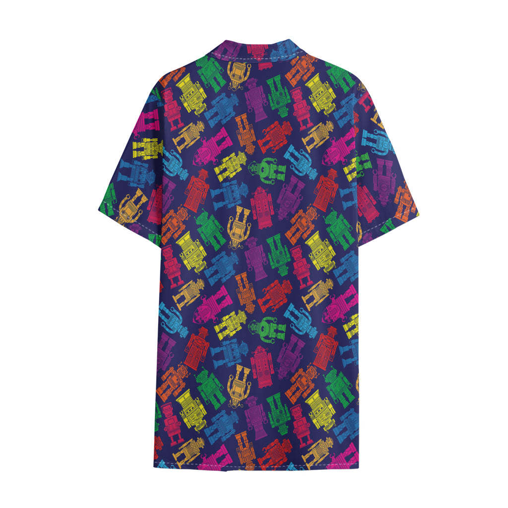 Colorful Robot Pattern Print Cotton Hawaiian Shirt