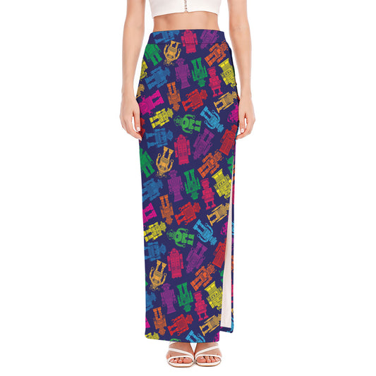 Colorful Robot Pattern Print High Slit Maxi Skirt