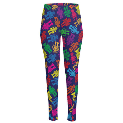 Colorful Robot Pattern Print High-Waisted Pocket Leggings