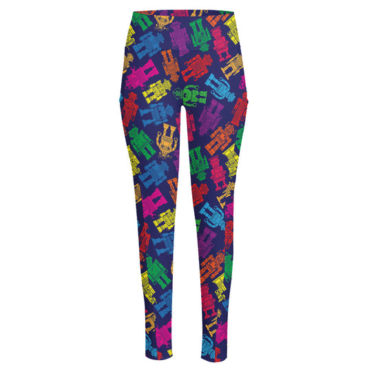Colorful Robot Pattern Print High-Waisted Pocket Leggings