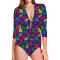 Colorful Robot Pattern Print Long Sleeve Swimsuit