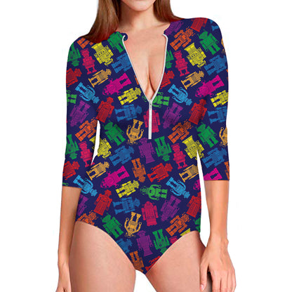 Colorful Robot Pattern Print Long Sleeve Swimsuit