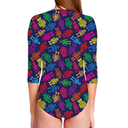 Colorful Robot Pattern Print Long Sleeve Swimsuit