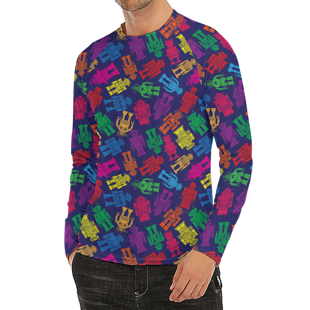 Colorful Robot Pattern Print Men's Long Sleeve Rash Guard