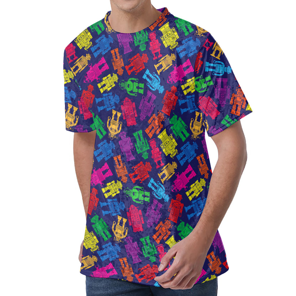 Colorful Robot Pattern Print Men's Velvet T-Shirt