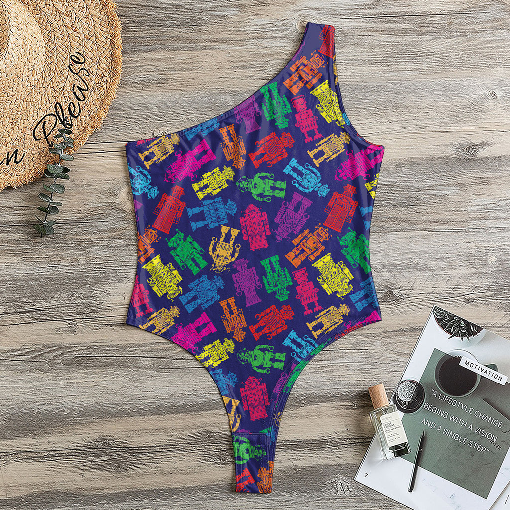 Colorful Robot Pattern Print One Shoulder Bodysuit