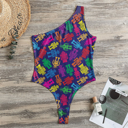 Colorful Robot Pattern Print One Shoulder Bodysuit