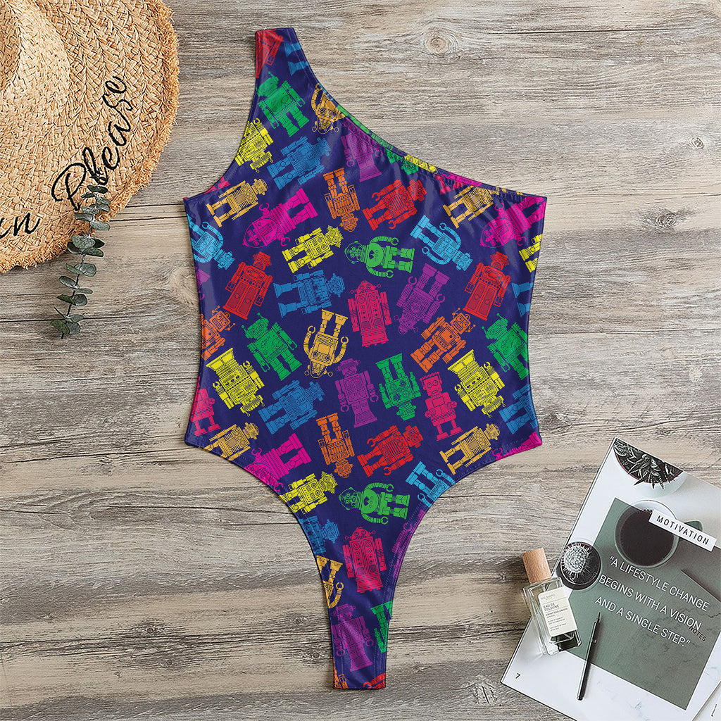 Colorful Robot Pattern Print One Shoulder Bodysuit