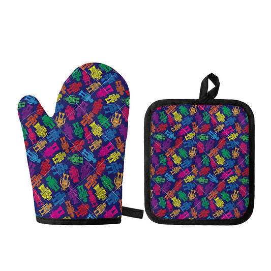 Colorful Robot Pattern Print Oven Mitt And Pot Holder Set
