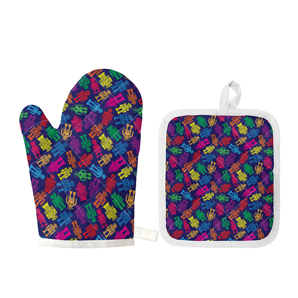 Colorful Robot Pattern Print Oven Mitt And Pot Holder Set