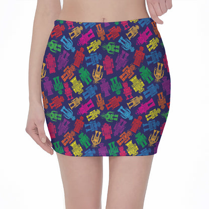 Colorful Robot Pattern Print Pencil Mini Skirt