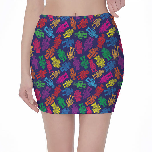 Colorful Robot Pattern Print Pencil Mini Skirt