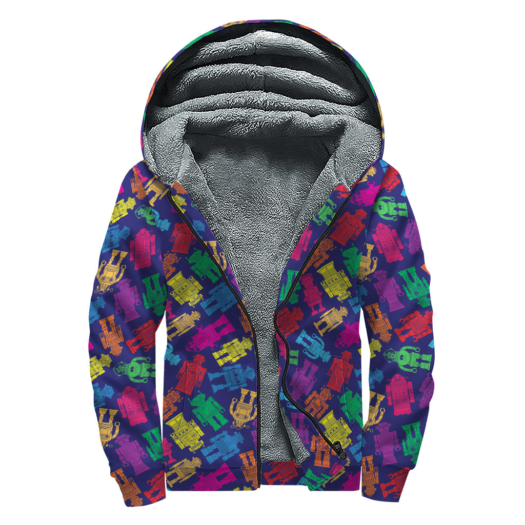 Colorful Robot Pattern Print Sherpa Lined Zip Up Hoodie
