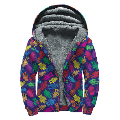 Colorful Robot Pattern Print Sherpa Lined Zip Up Hoodie