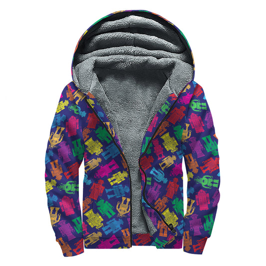 Colorful Robot Pattern Print Sherpa Lined Zip Up Hoodie