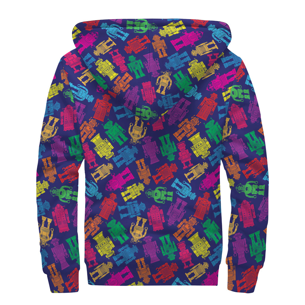 Colorful Robot Pattern Print Sherpa Lined Zip Up Hoodie