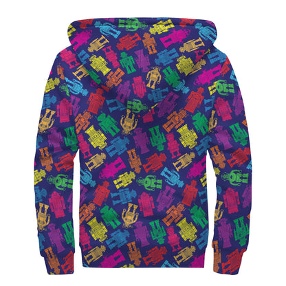 Colorful Robot Pattern Print Sherpa Lined Zip Up Hoodie
