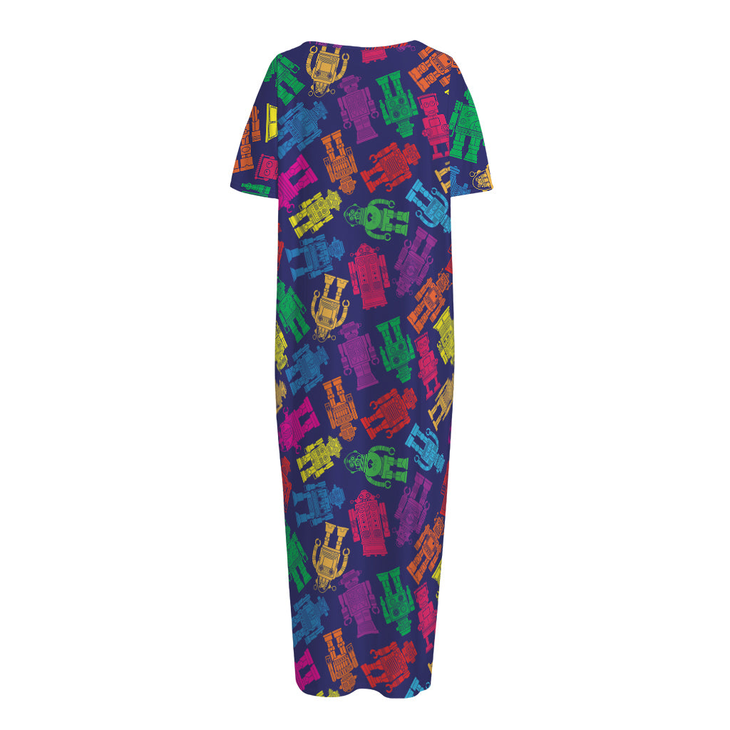 Colorful Robot Pattern Print Short Sleeve Long Nightdress