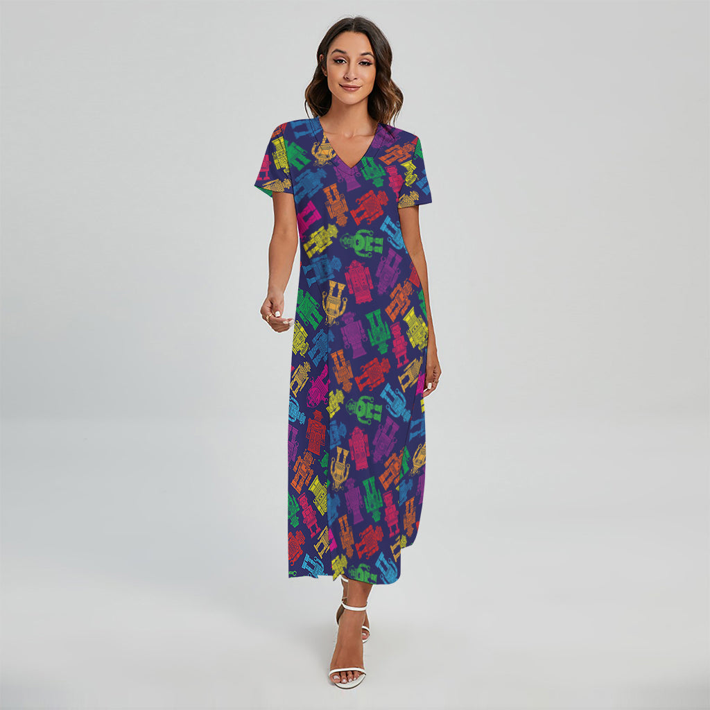 Colorful Robot Pattern Print Short Sleeve Maxi Dress