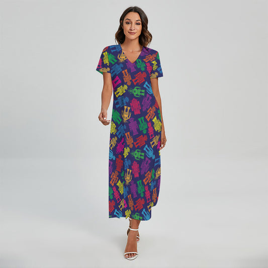 Colorful Robot Pattern Print Short Sleeve Maxi Dress
