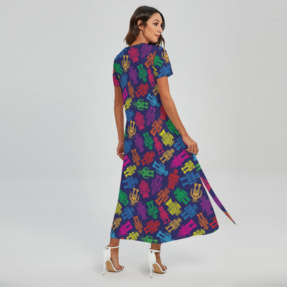 Colorful Robot Pattern Print Short Sleeve Maxi Dress