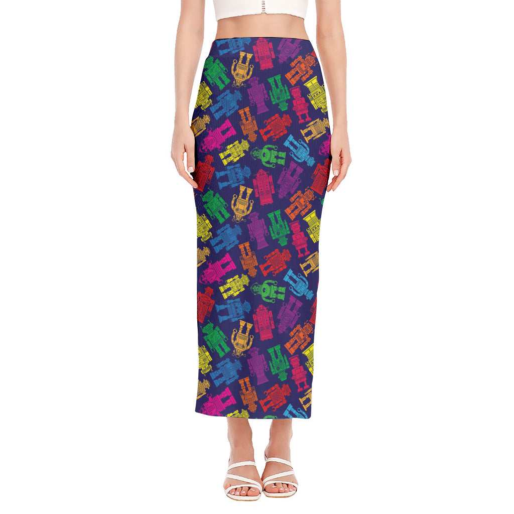 Colorful Robot Pattern Print Side Slit Maxi Skirt