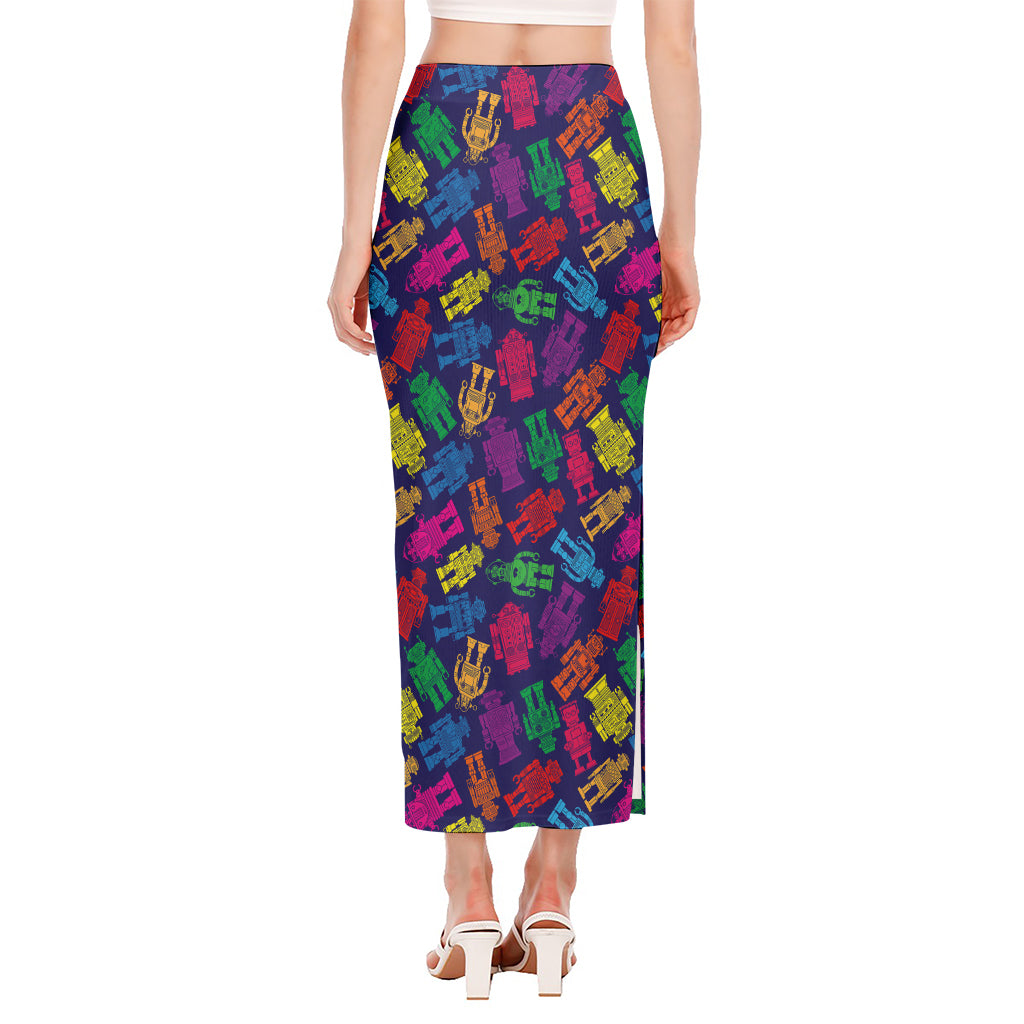 Colorful Robot Pattern Print Side Slit Maxi Skirt