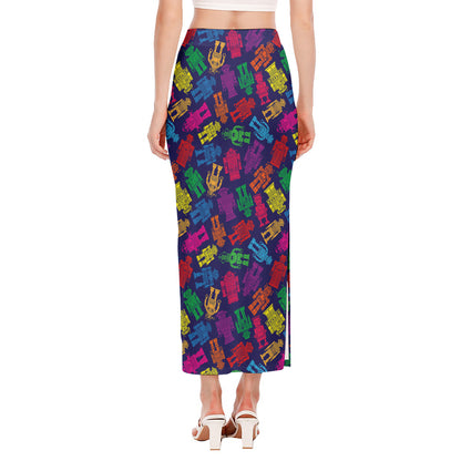 Colorful Robot Pattern Print Side Slit Maxi Skirt