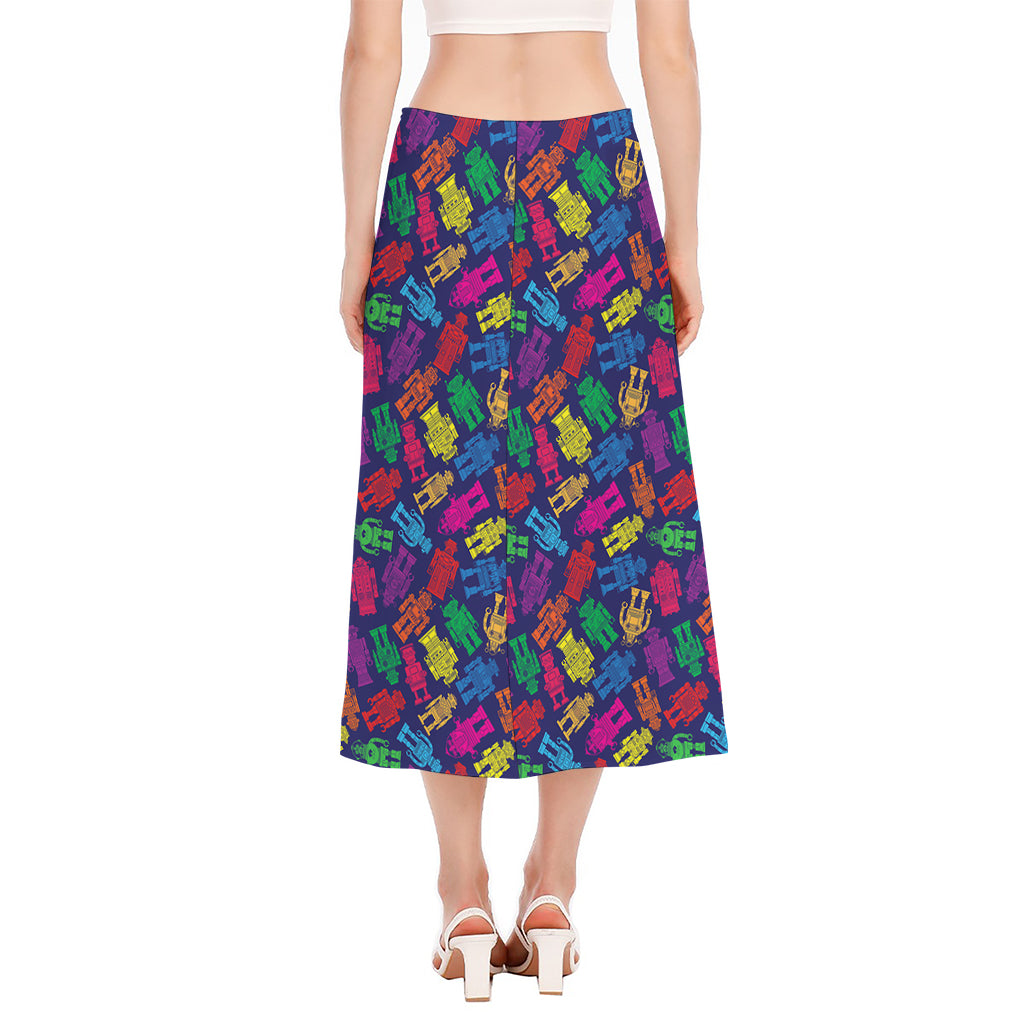 Colorful Robot Pattern Print Side Slit Midi Skirt