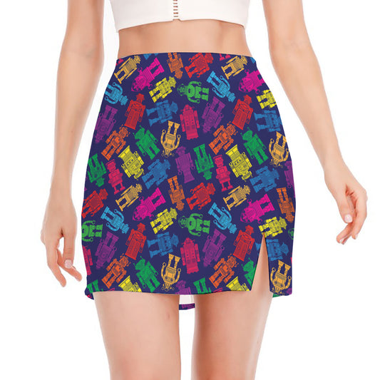Colorful Robot Pattern Print Side Slit Mini Skirt